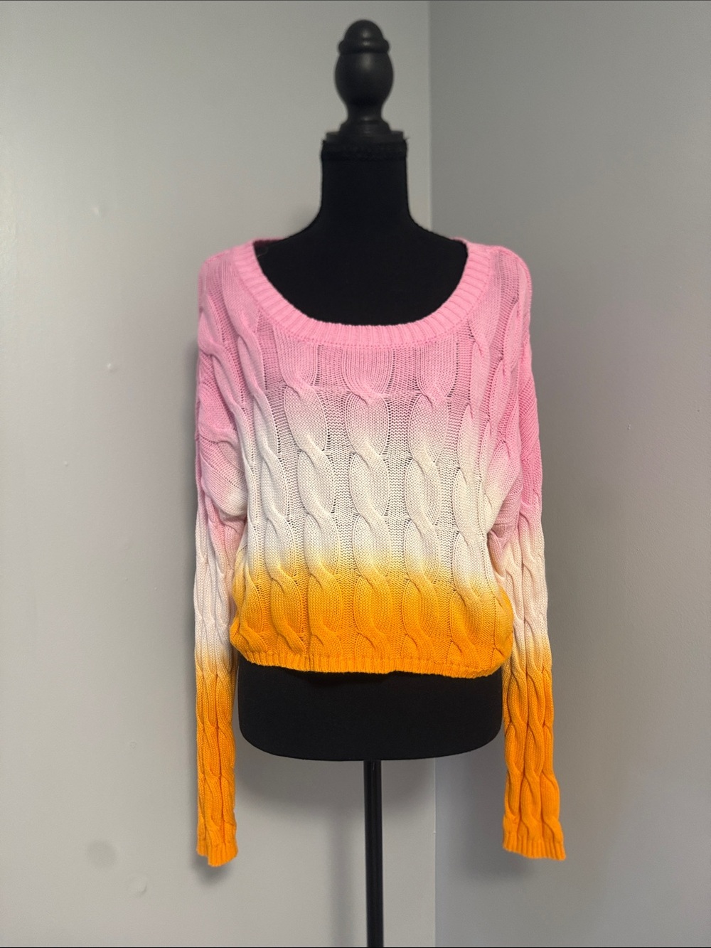 Sincerely Jules Pink White Orange Ombre Cable Knit Scoop Sweater